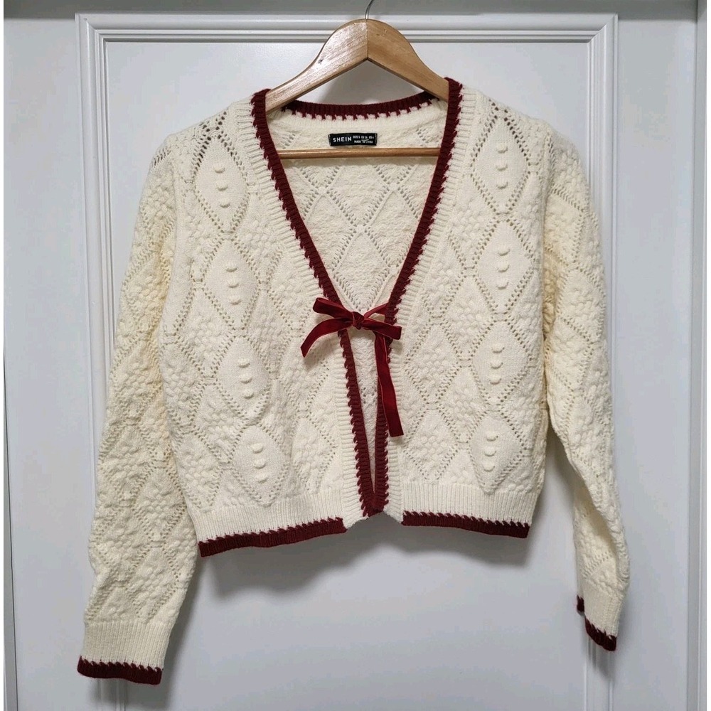 Ivory Textured Knit Red Trim Crop Tie Cardigan Sweater Sz S